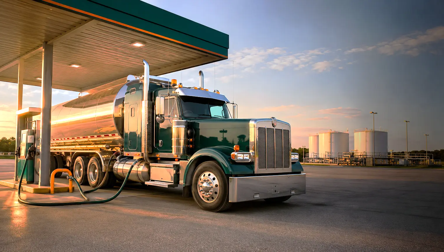 Fuel tanker supplying a gas station at sunset